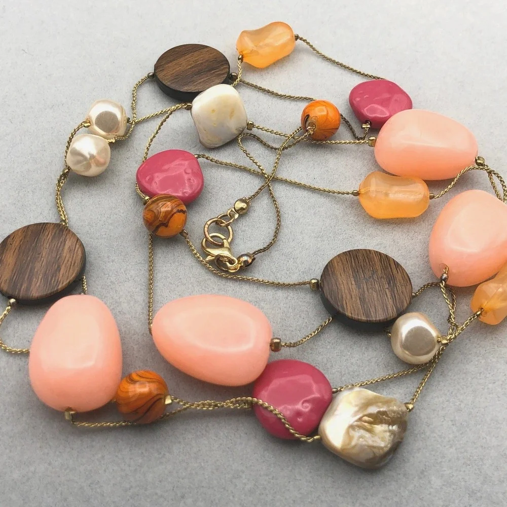 Long Beaded Station Necklace 48 in Multicolor Pearl Wood Glass Acrylic Gold Tone